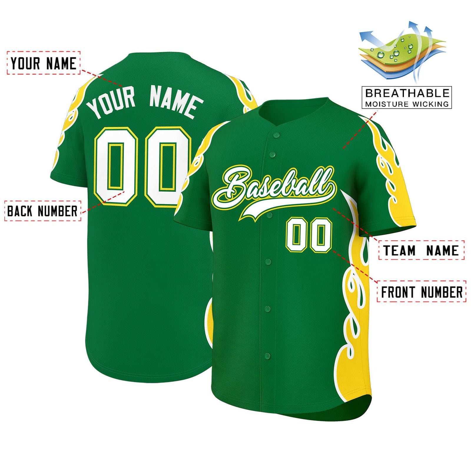 Custom Kelly Green Gold Side Flame Outline Pattern Sports Uniform Basetball Jersey