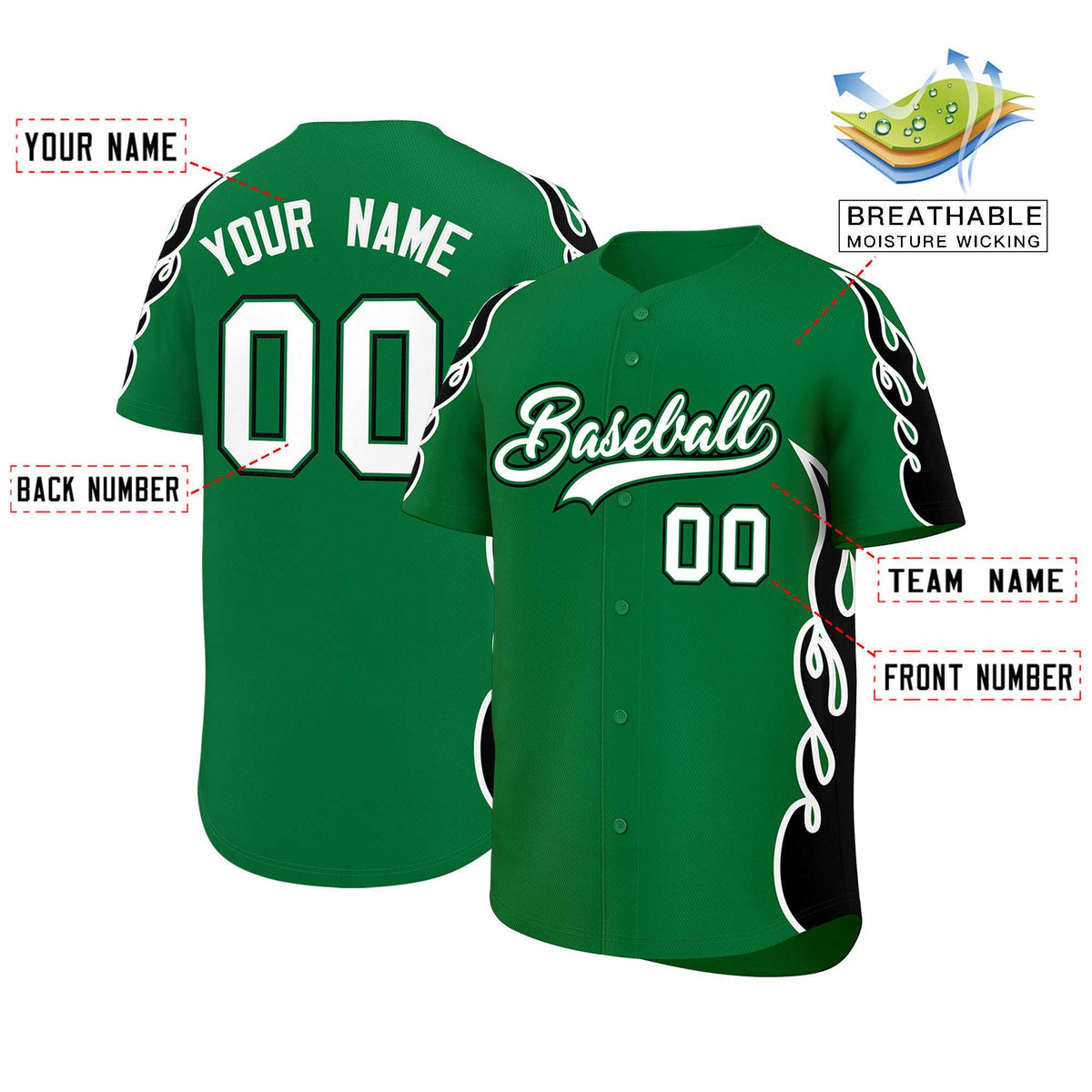 Custom Kelly Green Black Side Flame Outline Pattern Sports Uniform Basetball Jersey