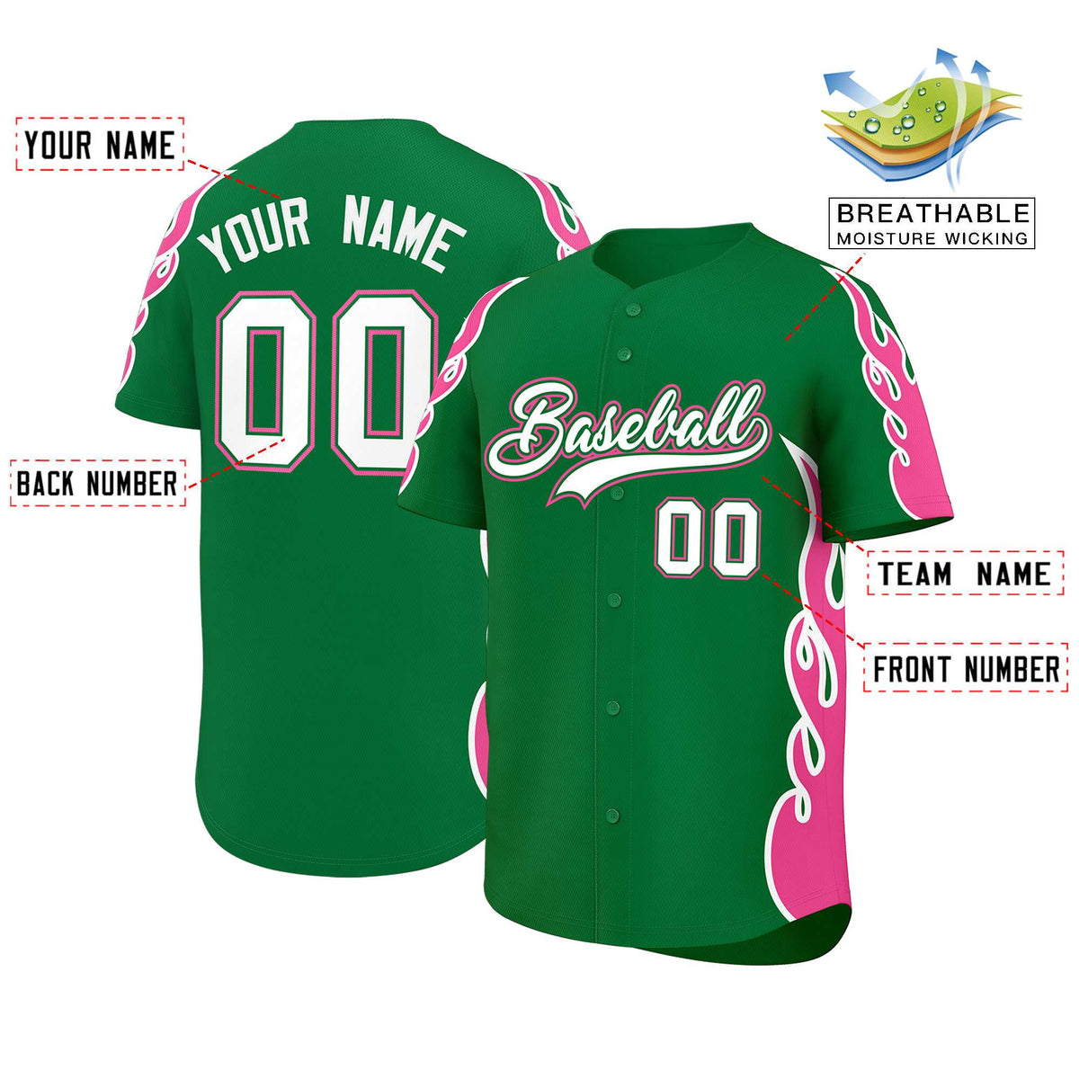 Custom Kelly Green Pink Side Flame Outline Pattern Sports Uniform Basetball Jersey