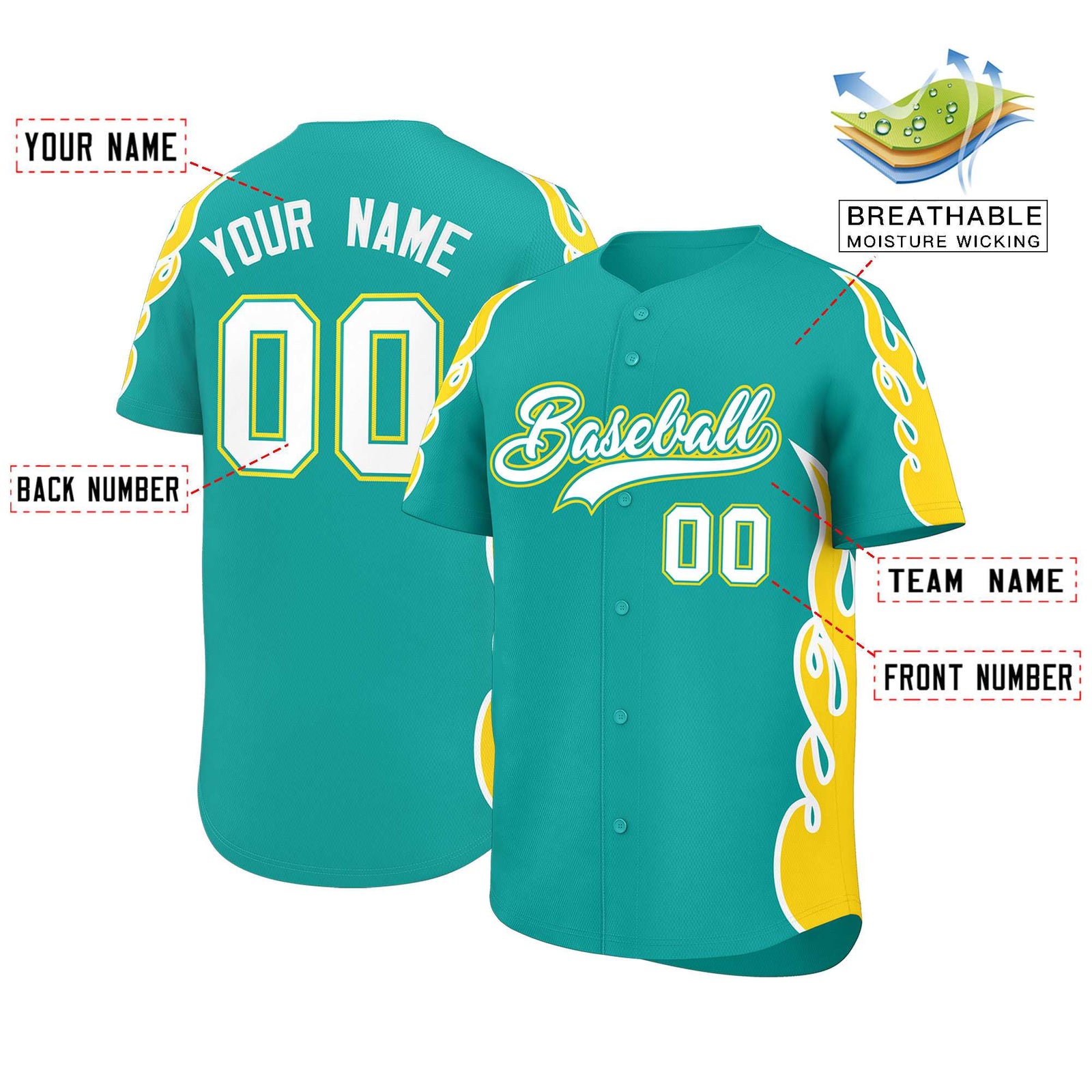 Custom Aqua Gold Side Flame Outline Pattern Sports Uniform Basetball Jersey