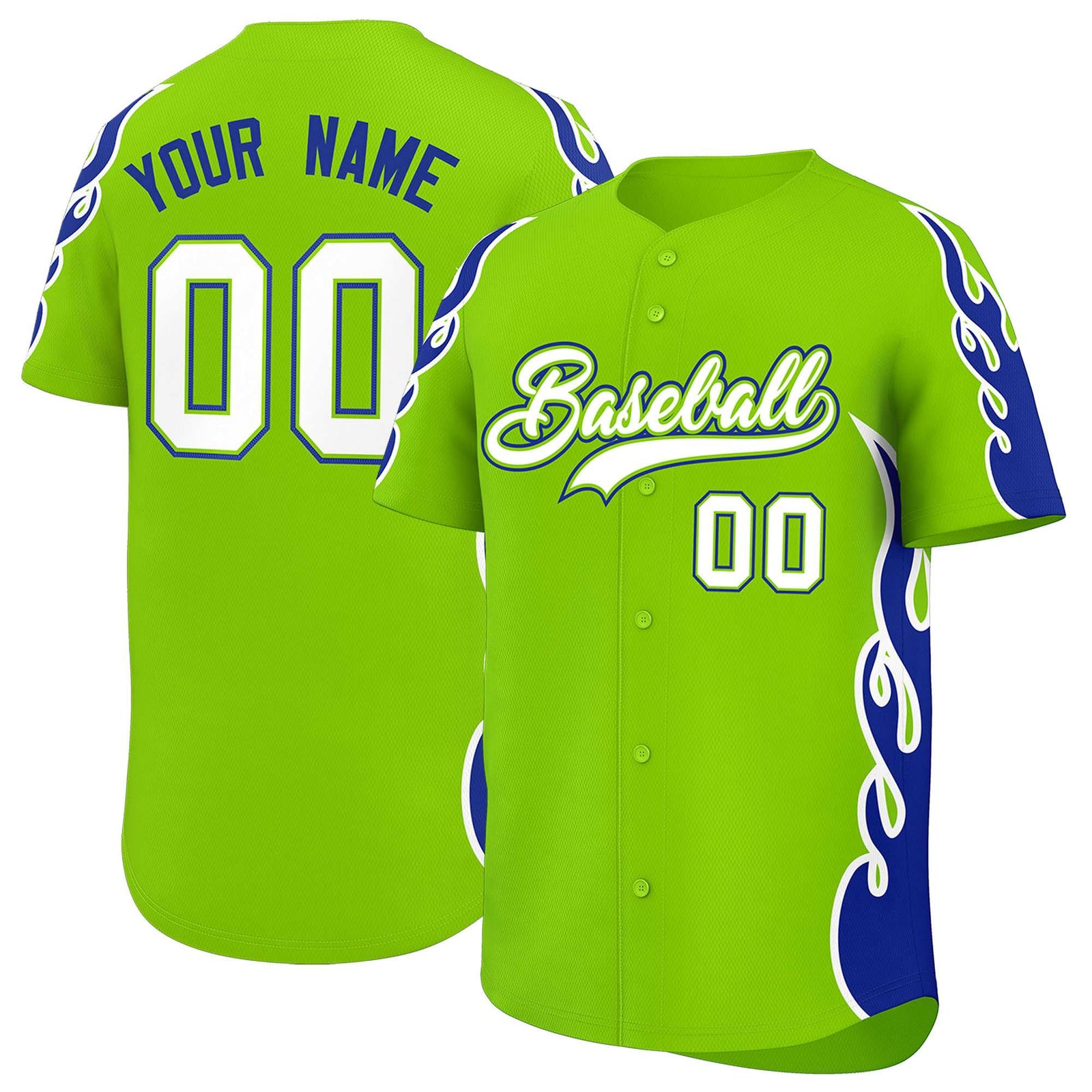 Custom Neon Green Royal Side Flame Outline Pattern Sports Uniform Basetball Jersey