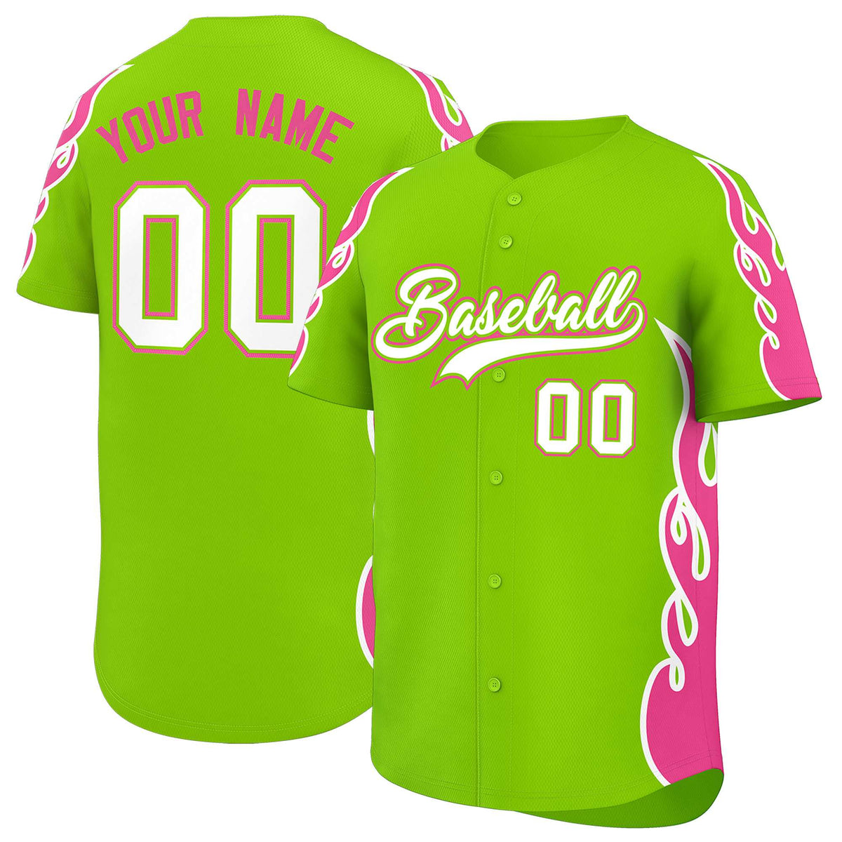 Custom Neon Green Pink Side Flame Outline Pattern Sports Uniform Basetball Jersey