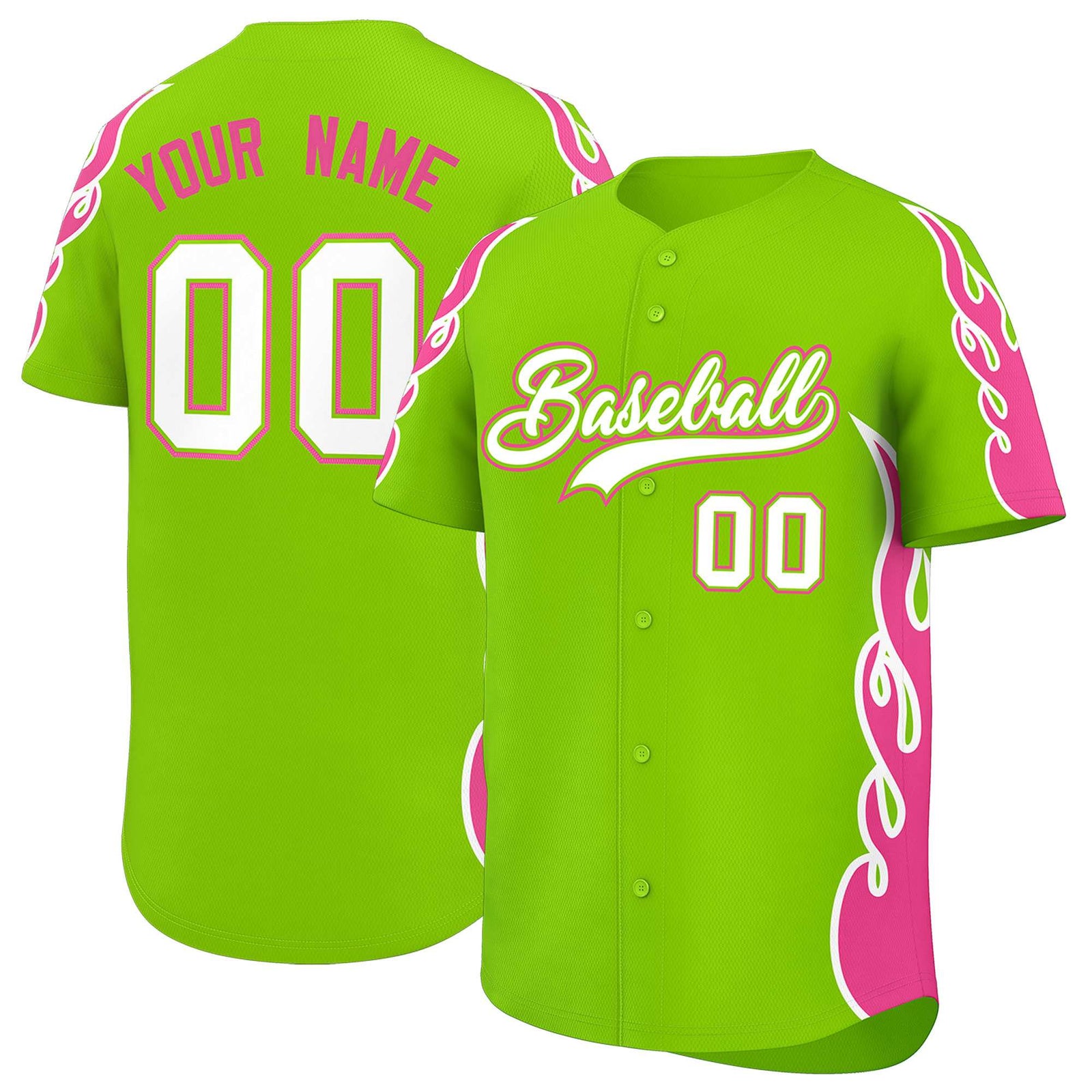 Custom Neon Green Pink Side Flame Outline Pattern Sports Uniform Basetball Jersey