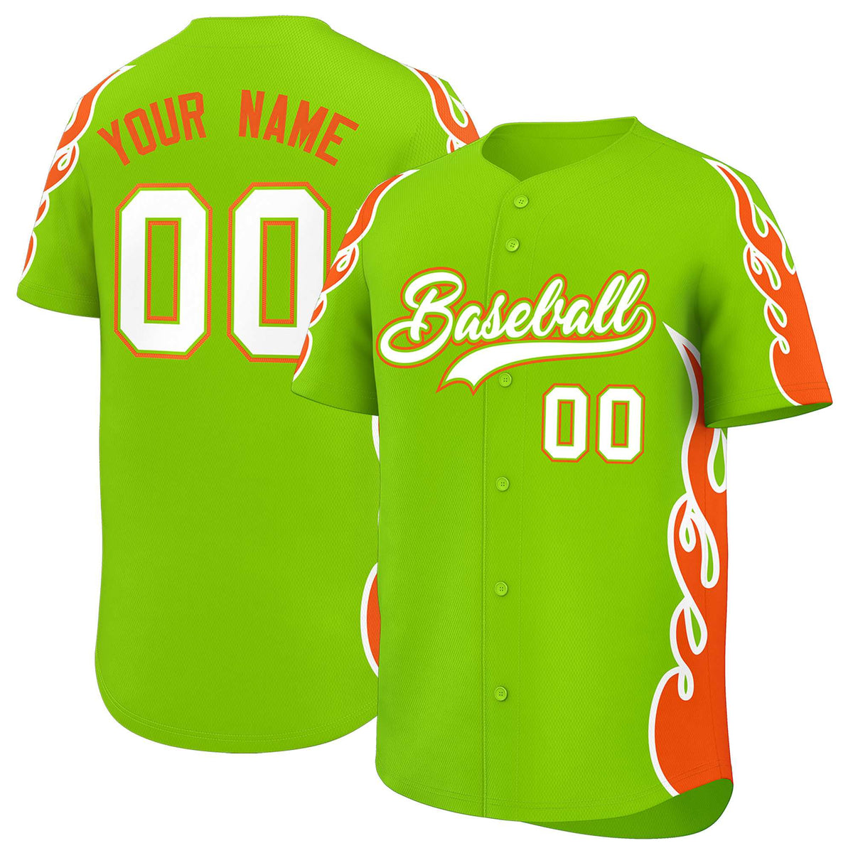 Custom Neon Green Orange Side Flame Outline Pattern Sports Uniform Basetball Jersey