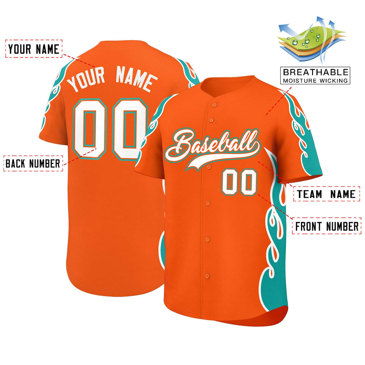 Custom Orange Aqua Side Flame Outline Pattern Sports Uniform Basetball Jersey