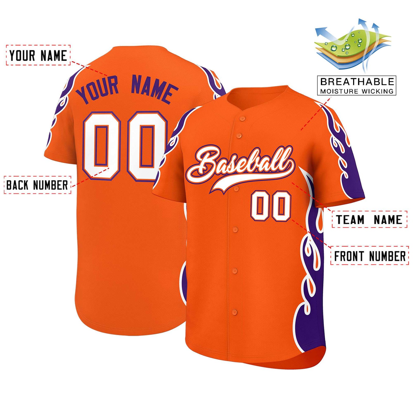 Custom Orange Purple Side Flame Outline Pattern Sports Uniform Basetball Jersey