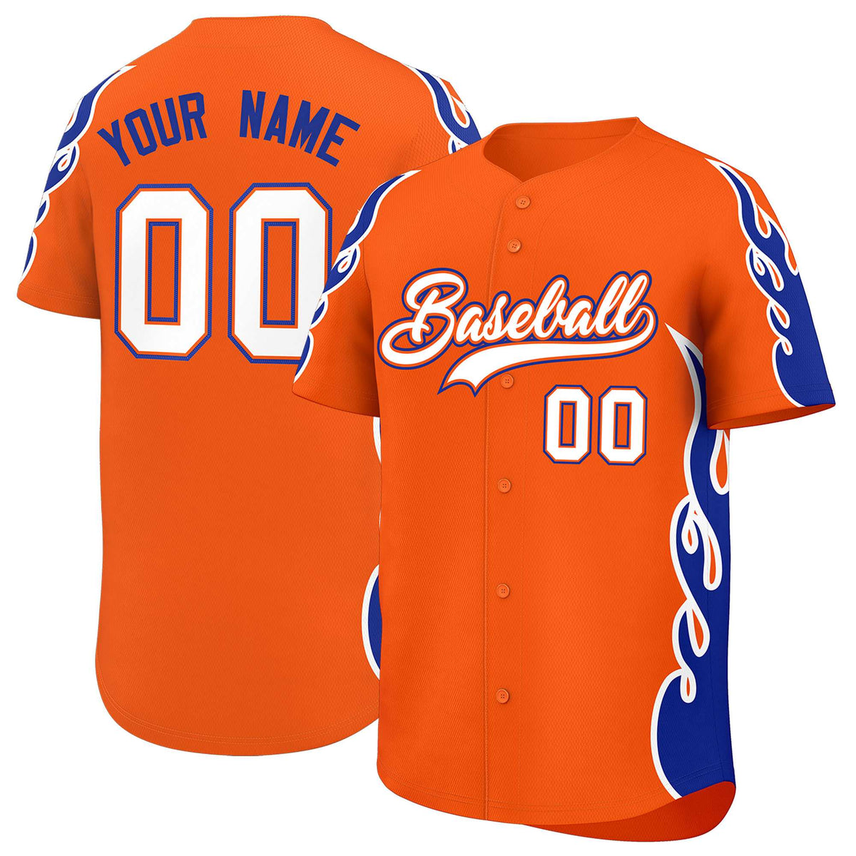 Custom Orange Royal Side Flame Outline Pattern Sports Uniform Basetball Jersey