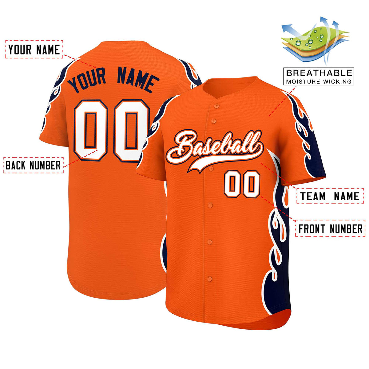 Custom Orange Navy Side Flame Outline Pattern Sports Uniform Basetball Jersey