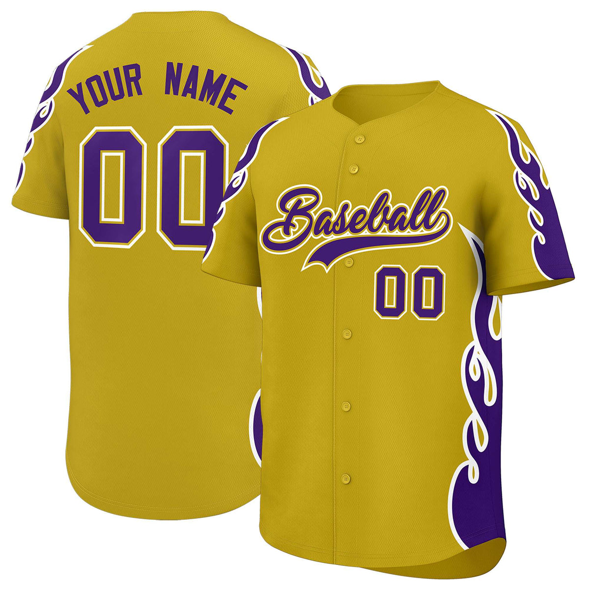Custom Old Gold Purple Side Flame Outline Pattern Sports Uniform Basetball Jersey