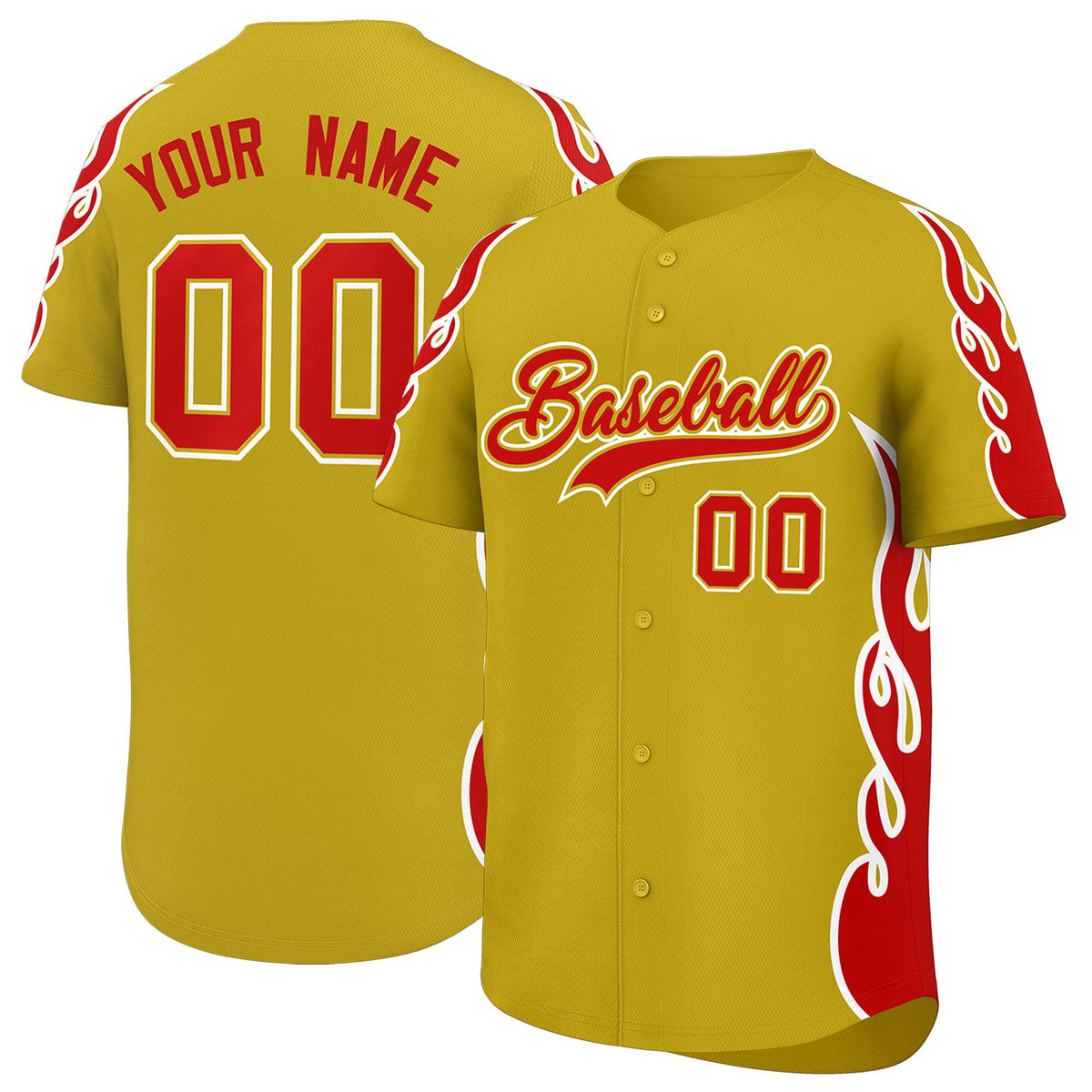 Custom Old Gold Red Side Flame Outline Pattern Sports Uniform Basetball Jersey