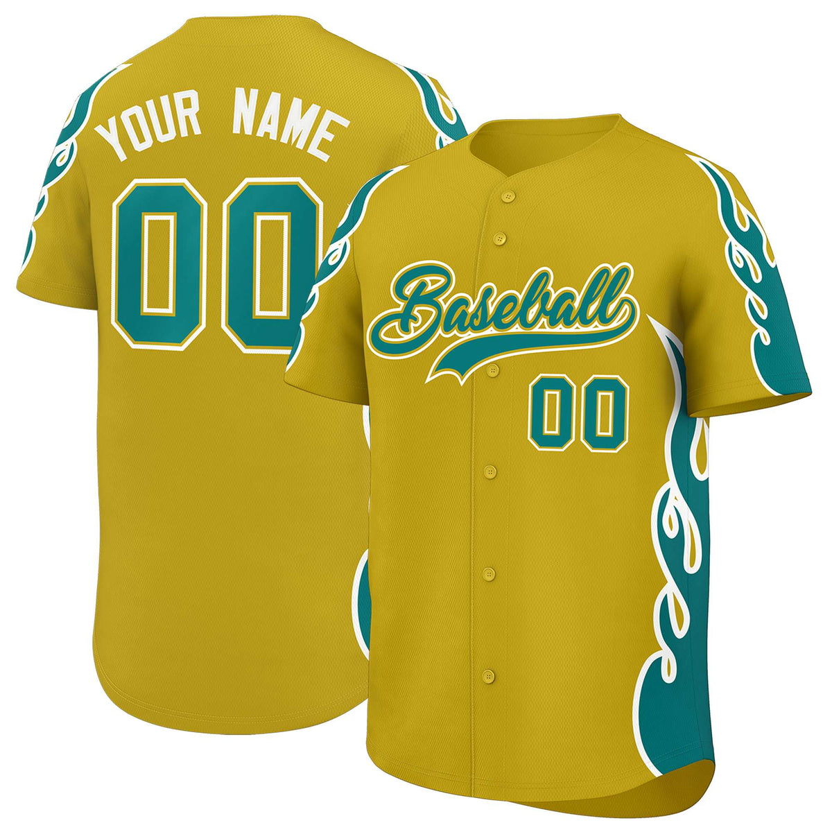 Custom Old Gold Teal Side Flame Outline Pattern Sports Uniform Basetball Jersey