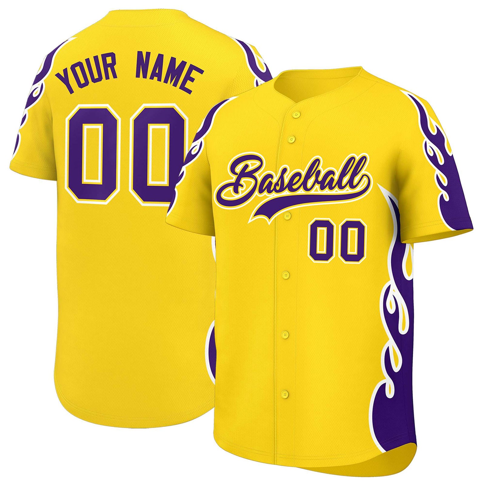 Custom Gold Purple Side Flame Outline Pattern Sports Uniform Basetball Jersey