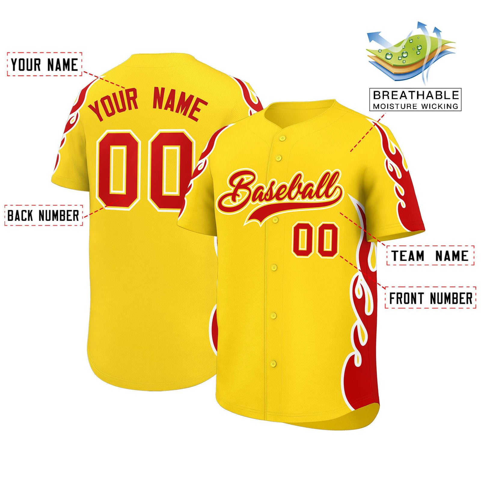 Custom Gold Red Side Flame Outline Pattern Sports Uniform Basetball Jersey