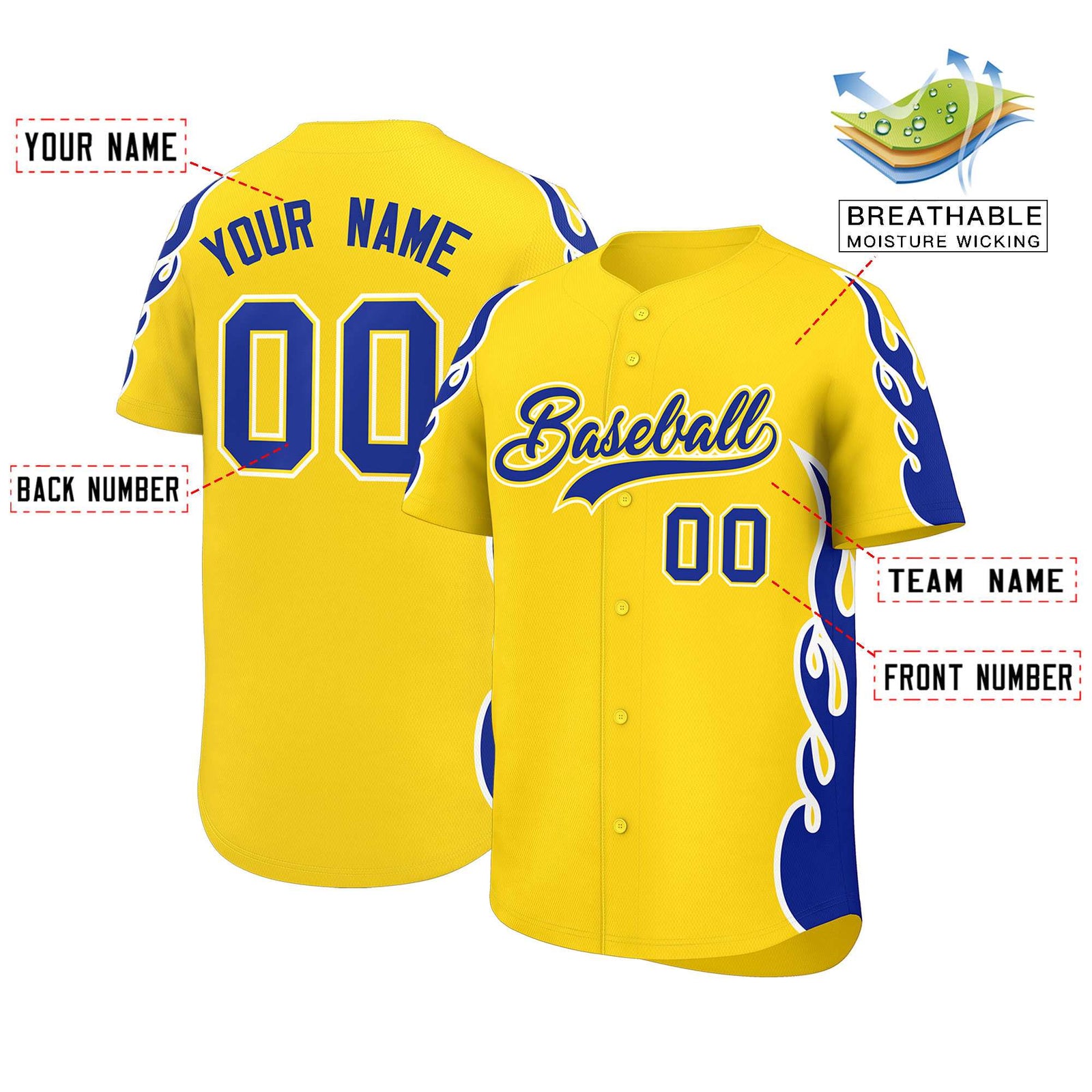 Custom Gold Royal Side Flame Outline Pattern Sports Uniform Basetball Jersey