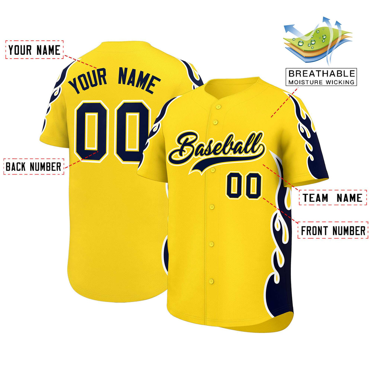 Custom Gold Navy Side Flame Outline Pattern Sports Uniform Basetball Jersey