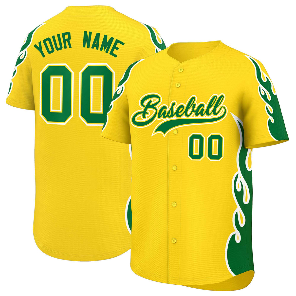 Custom Gold Kelly Green Side Flame Outline Pattern Sports Uniform Basetball Jersey