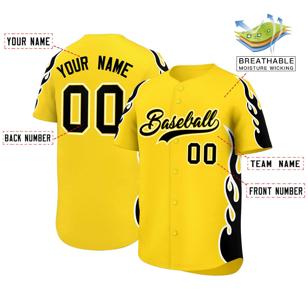 Custom Gold Black Side Flame Outline Pattern Sports Uniform Basetball Jersey