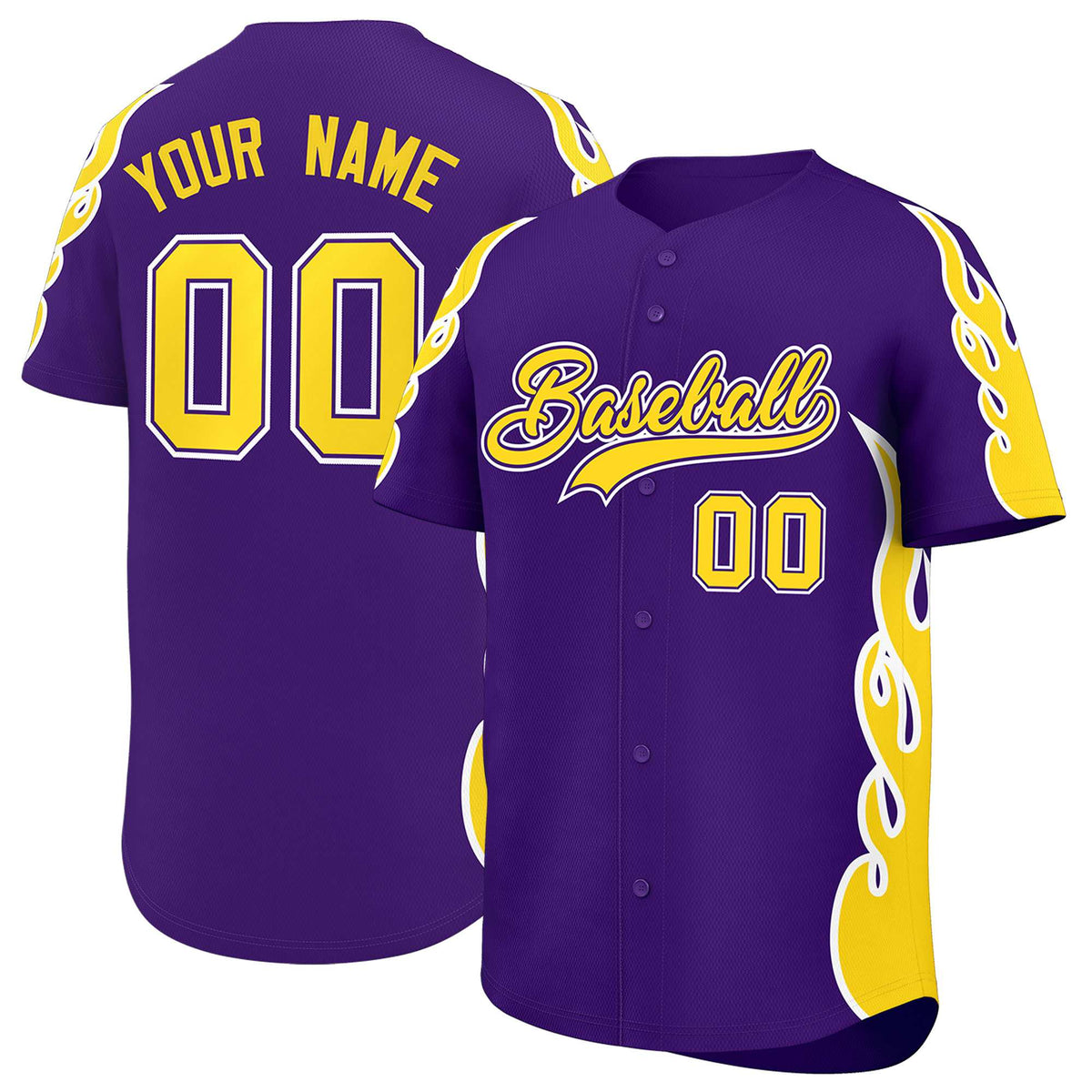 Custom Purple Gold Side Flame Outline Pattern Sports Uniform Basetball Jersey