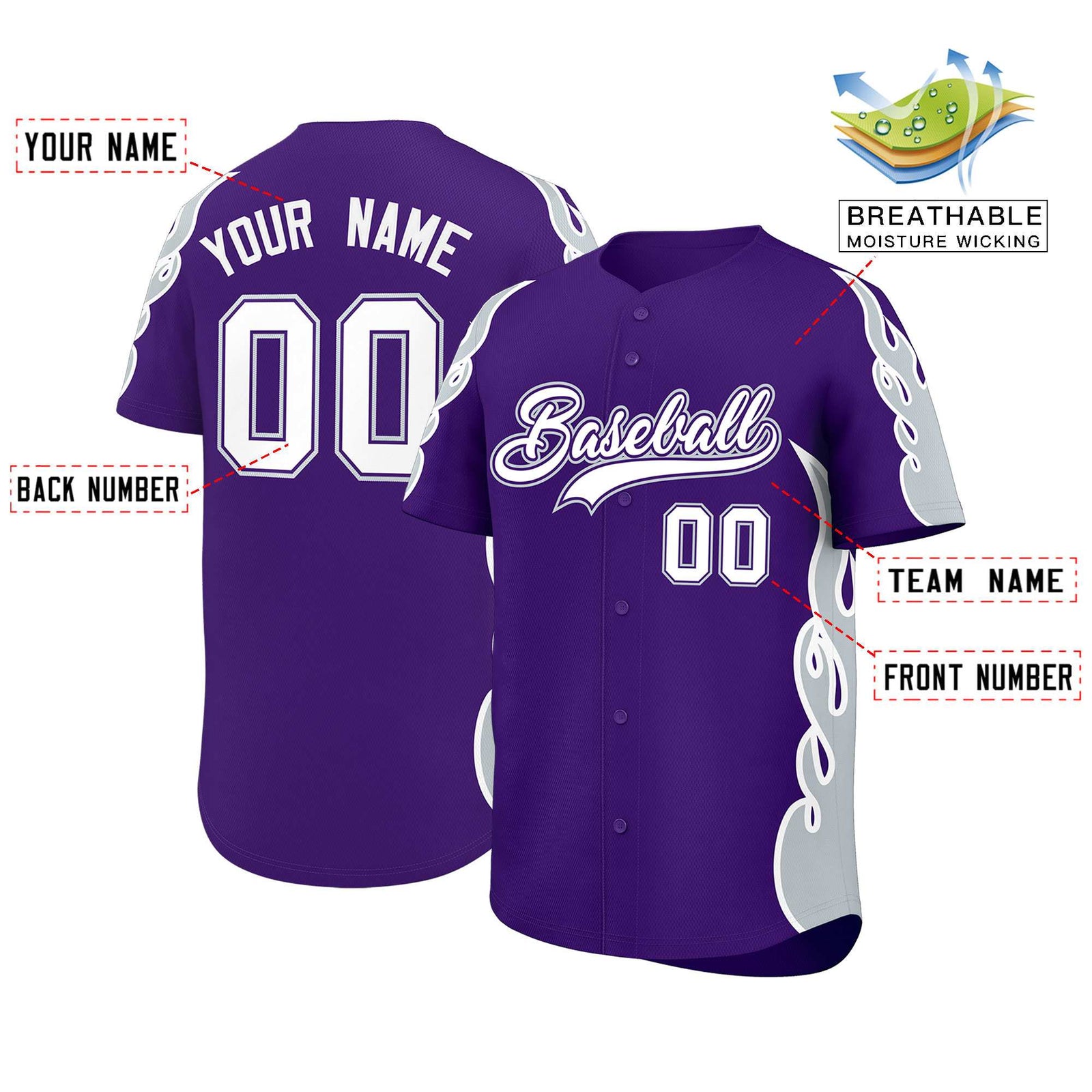 Custom Purple Silver Side Flame Outline Pattern Sports Uniform Basetball Jersey