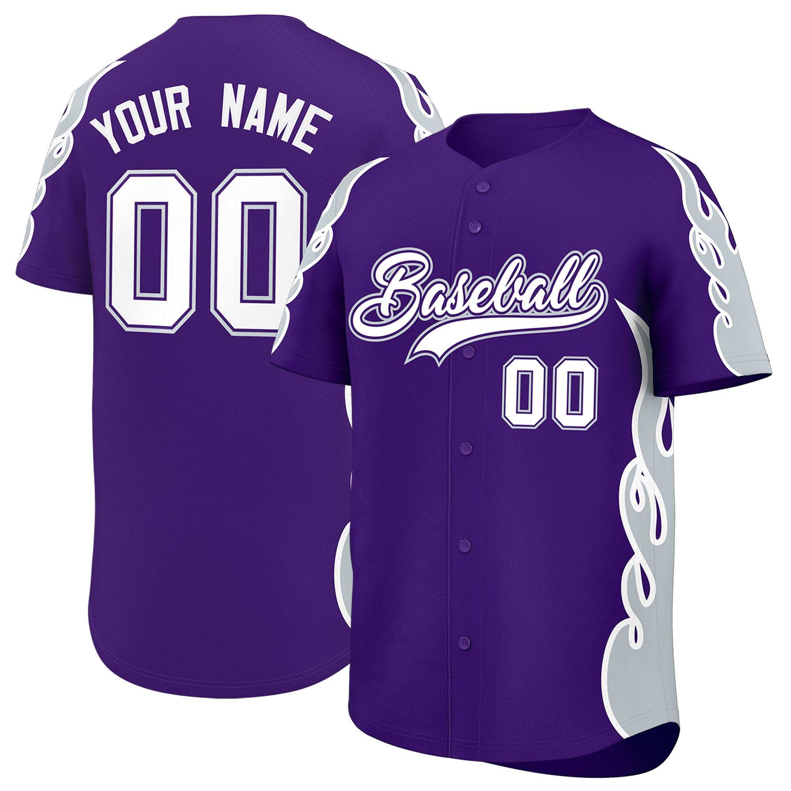Custom Purple Silver Side Flame Outline Pattern Sports Uniform Basetball Jersey