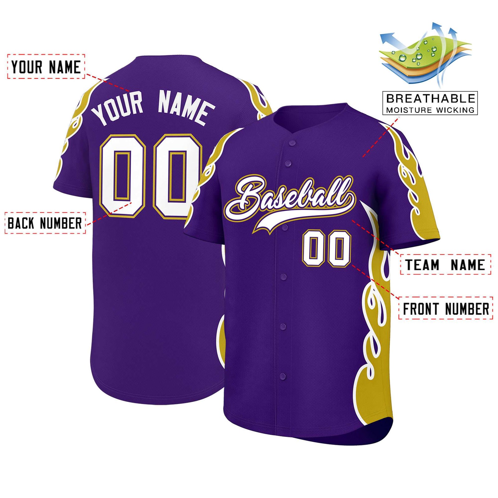Custom Purple Old Gold Side Flame Outline Pattern Sports Uniform Basetball Jersey
