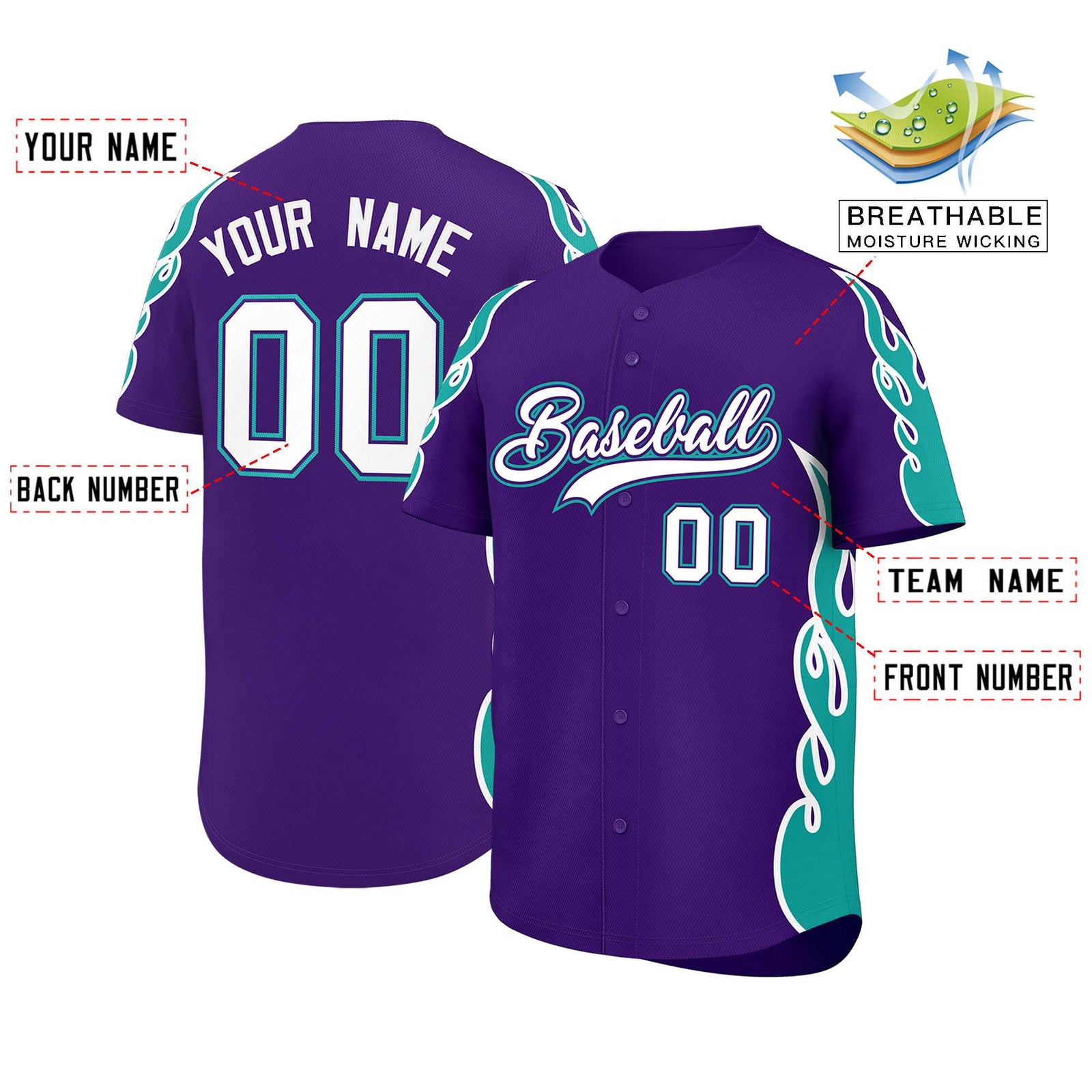 Custom Purple Aqua Side Flame Outline Pattern Sports Uniform Basetball Jersey