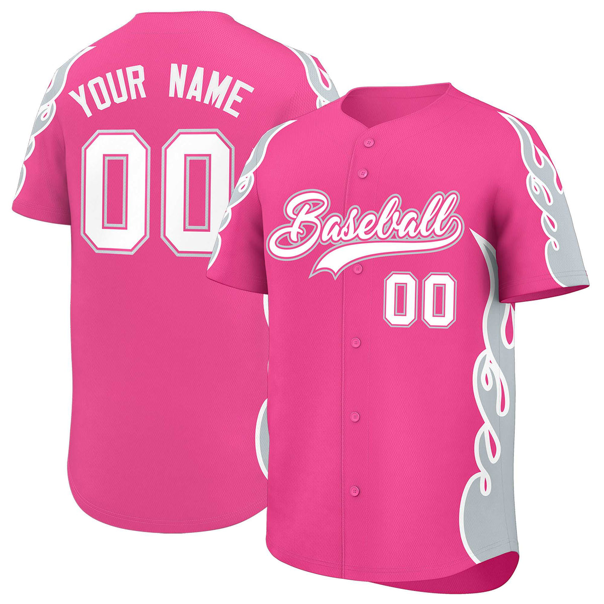 Custom Pink Silver Side Flame Outline Pattern Sports Uniform Basetball Jersey