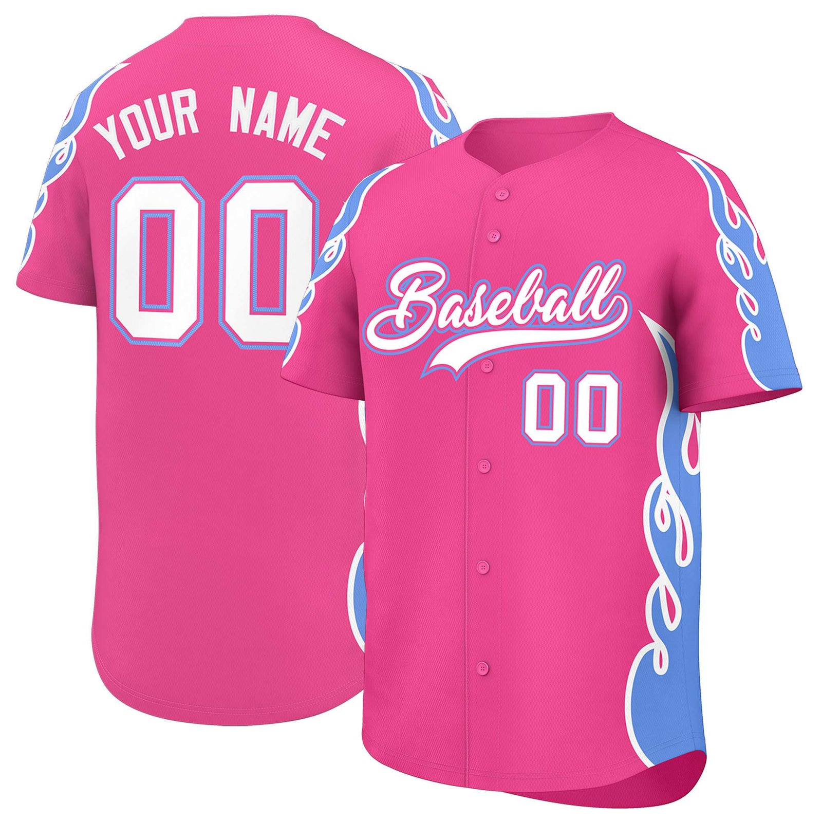 Custom Pink Light Blue Side Flame Outline Pattern Sports Uniform Basetball Jersey