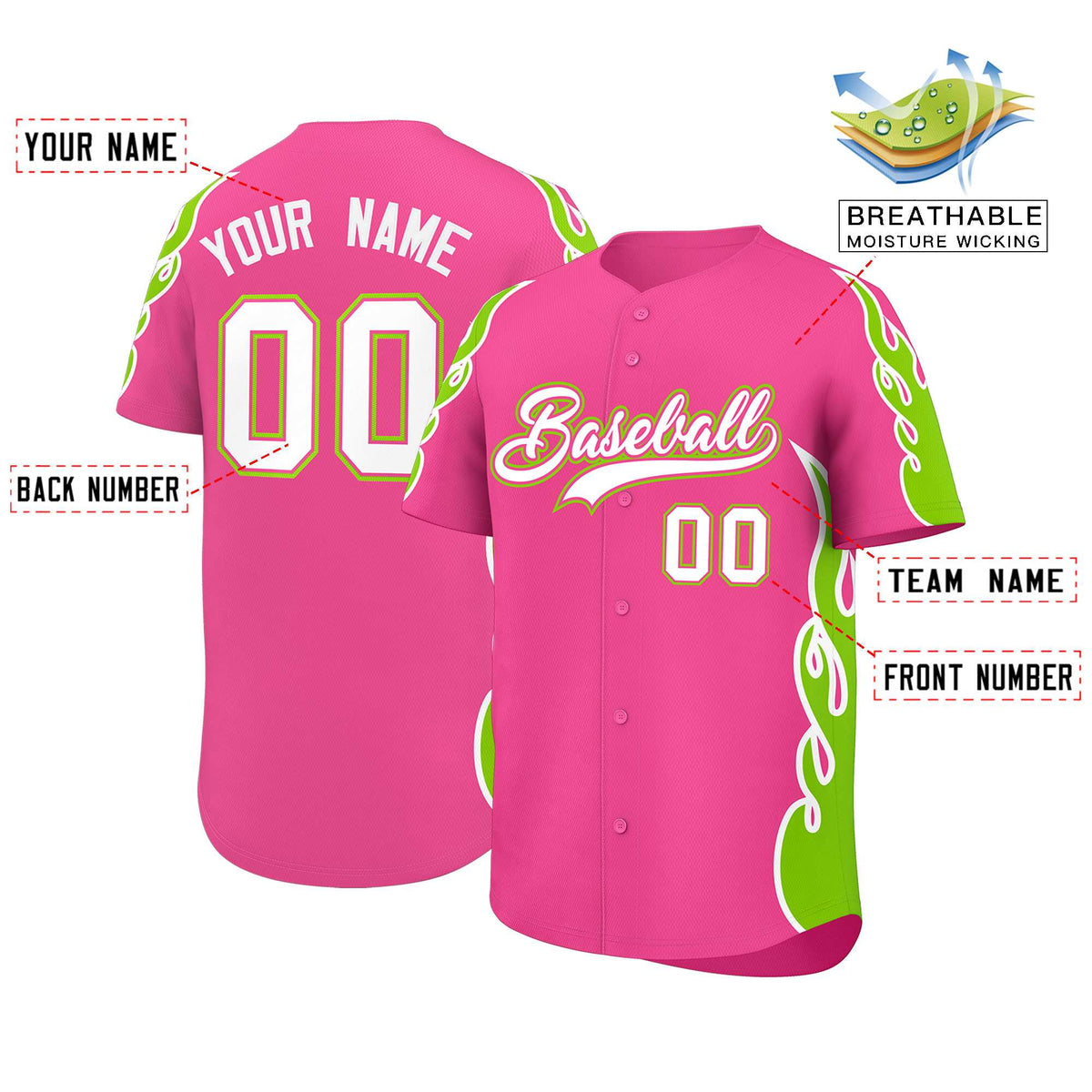 Custom Pink Neon Green Side Flame Outline Pattern Sports Uniform Basetball Jersey