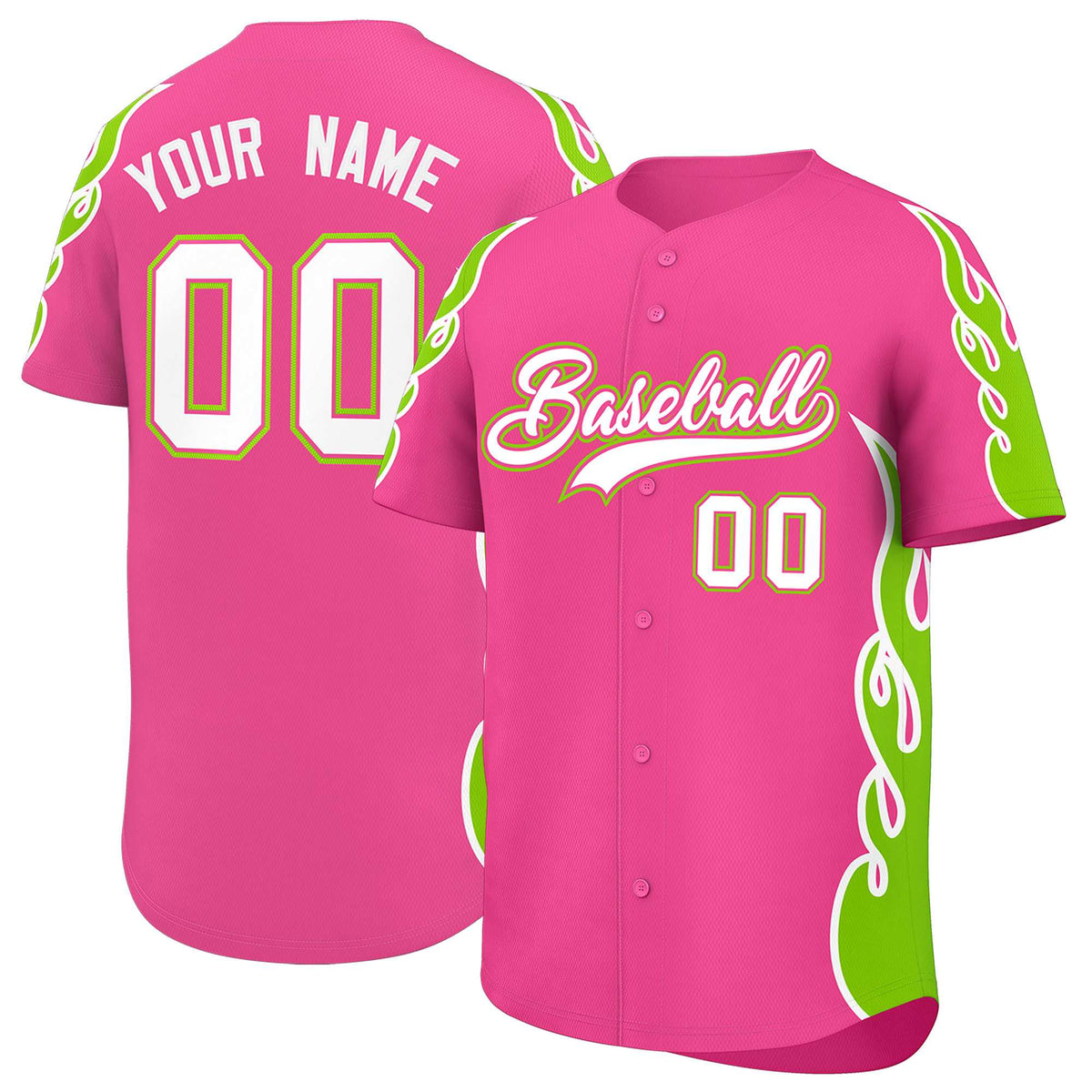 Custom Pink Neon Green Side Flame Outline Pattern Sports Uniform Basetball Jersey