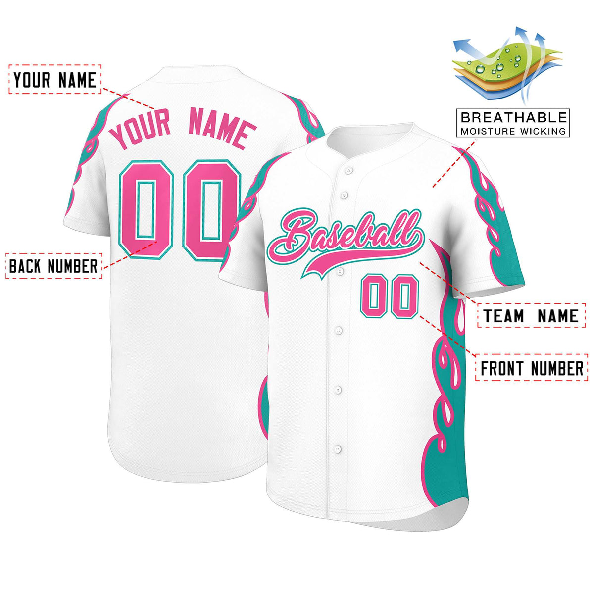 Custom White Aqua Side Flame Outline Pattern Sports Uniform Basetball Jersey