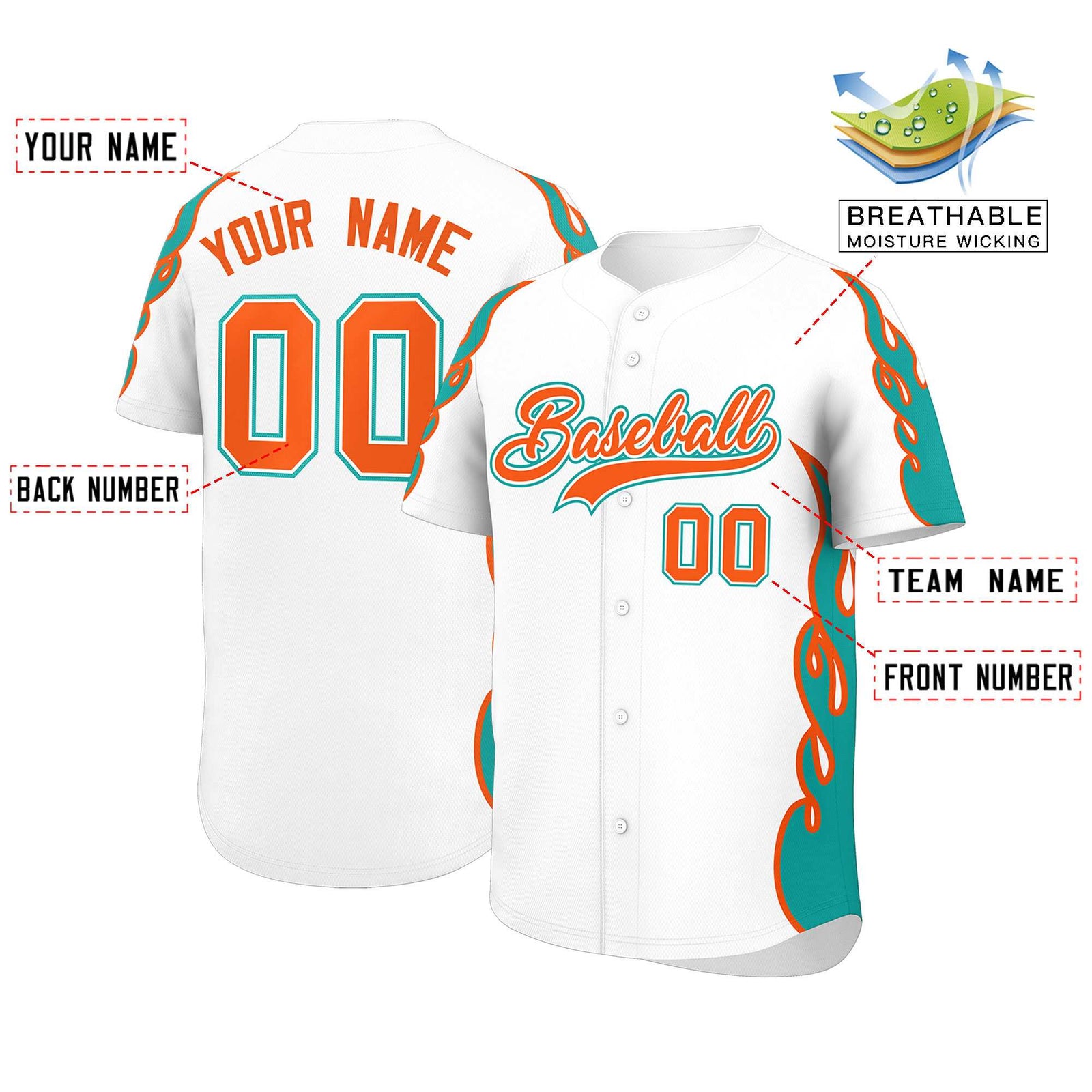 Custom White Aqua Side Flame Outline Pattern Sports Uniform Basetball Jersey