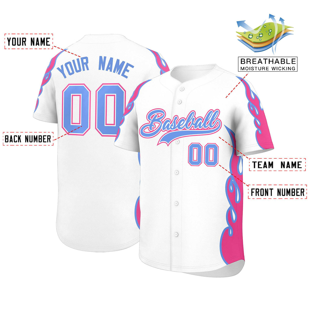 Custom White Pink Side Flame Outline Pattern Sports Uniform Basetball Jersey