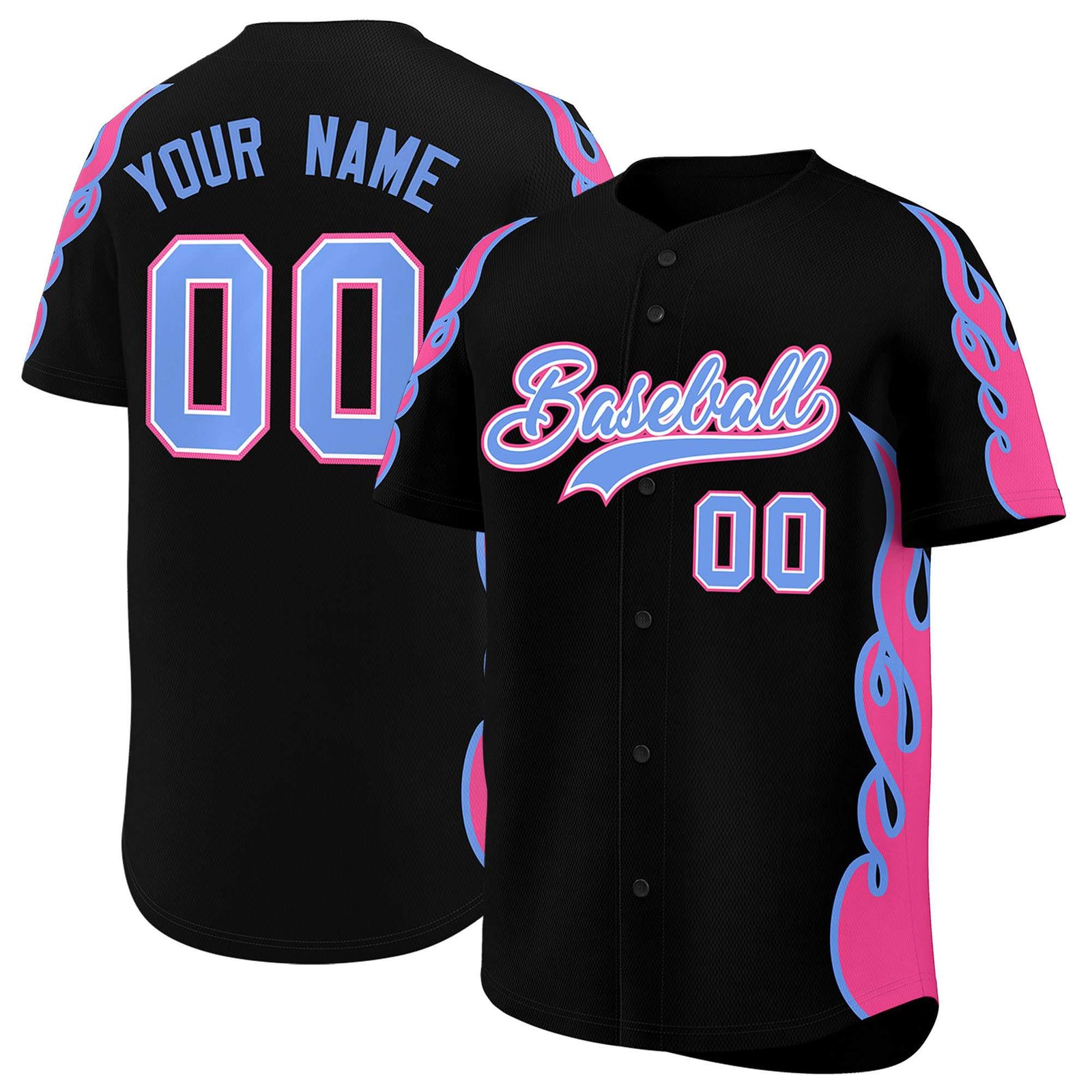 Custom Black Pink Side Flame Outline Pattern Sports Uniform Basetball Jersey