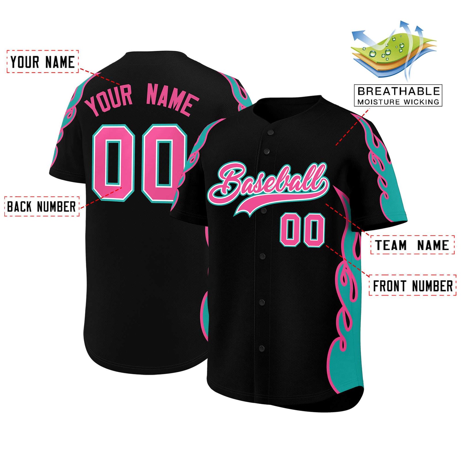 Custom Black Aqua Side Flame Outline Pattern Sports Uniform Basetball Jersey