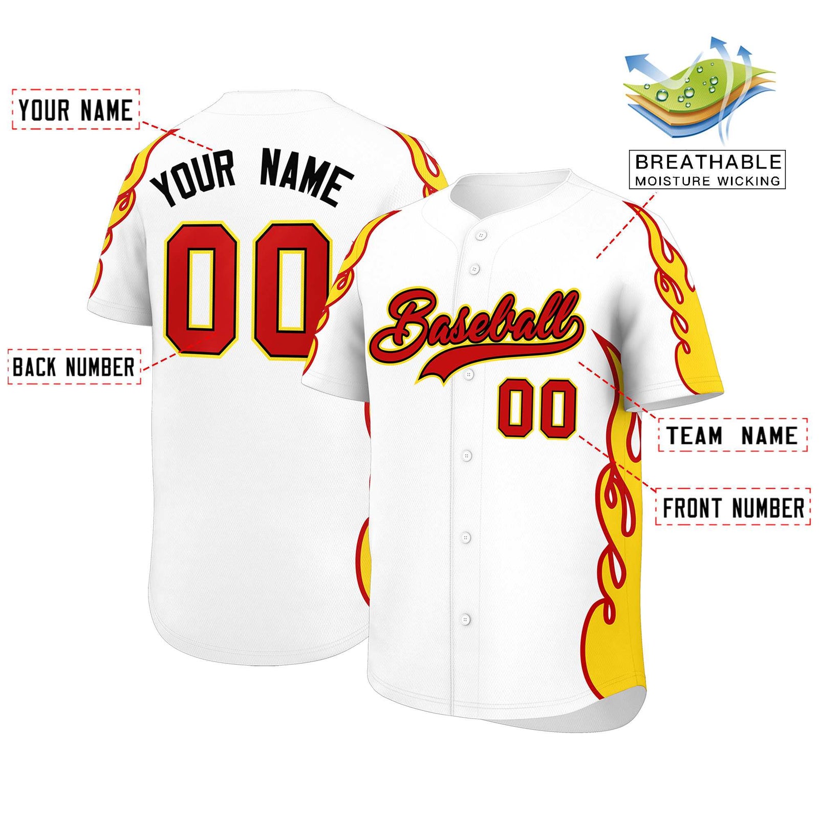 Custom White Gold Side Flame Outline Pattern Sports Uniform Basetball Jersey