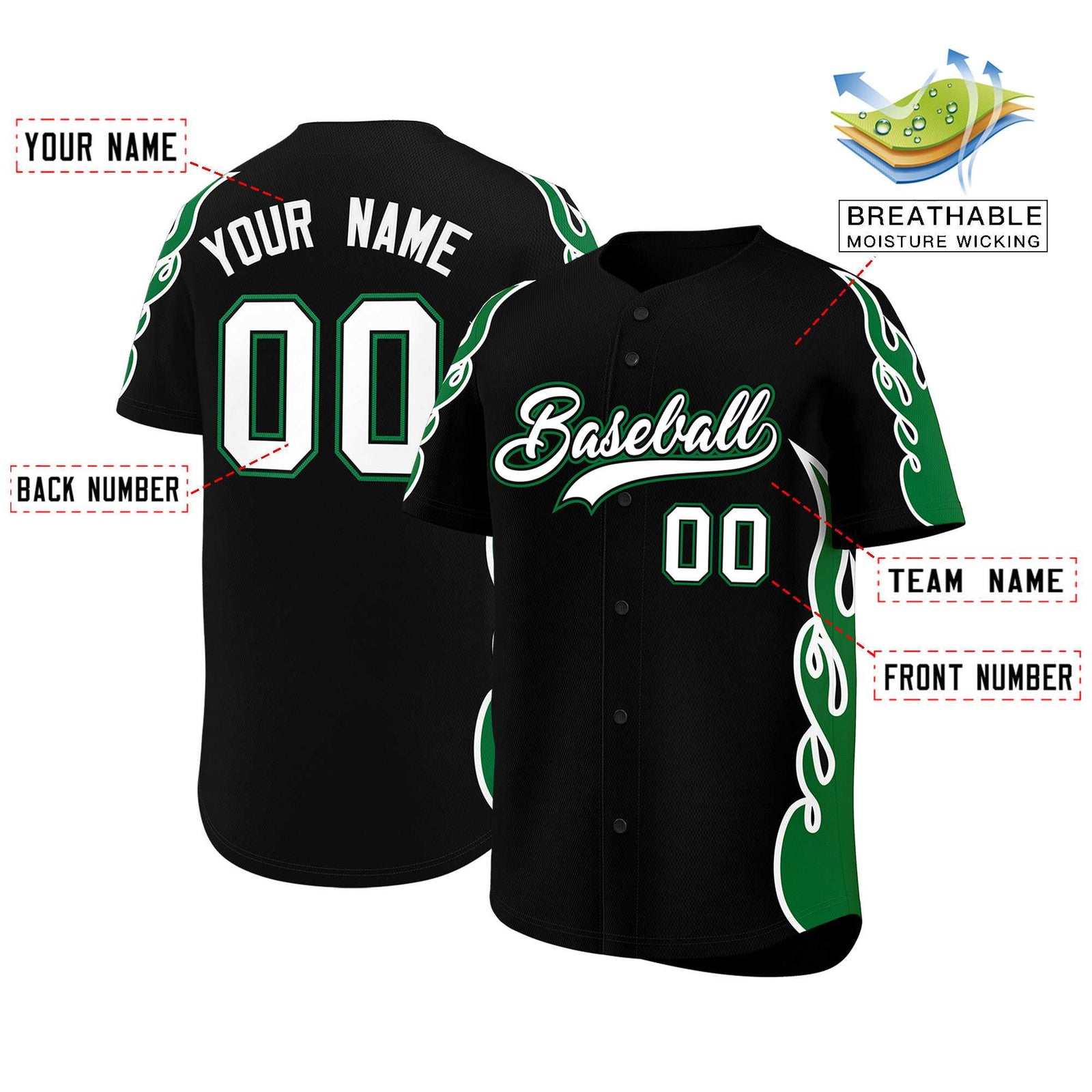 Custom Black Kelly Green Side Flame Outline Pattern Sports Uniform Basetball Jersey