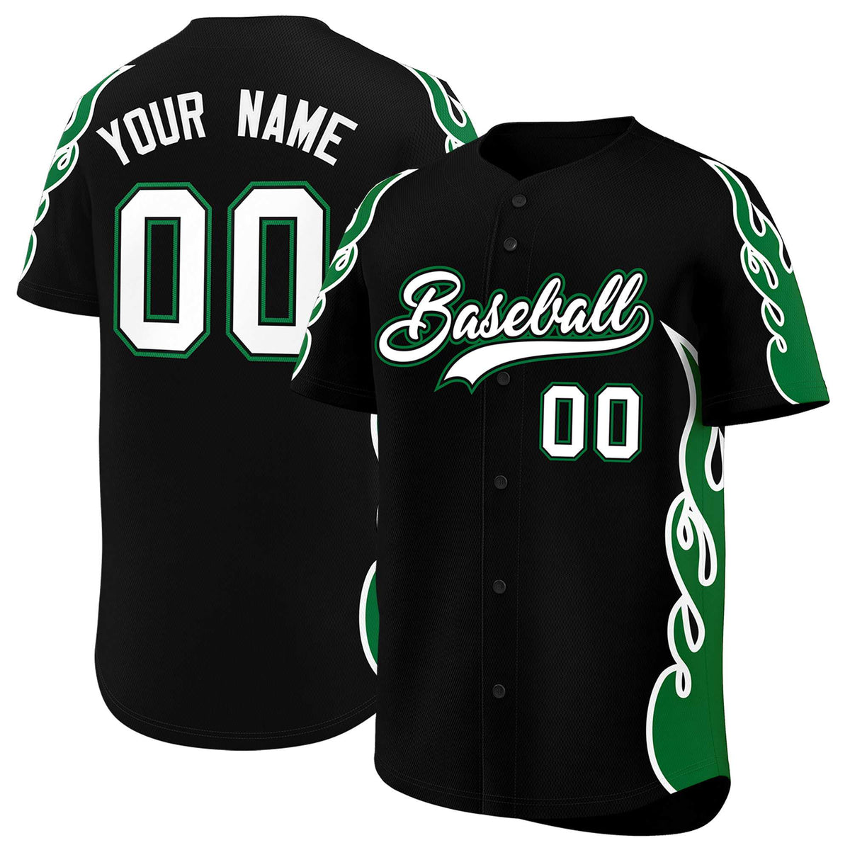 Custom Black Kelly Green Side Flame Outline Pattern Sports Uniform Basetball Jersey