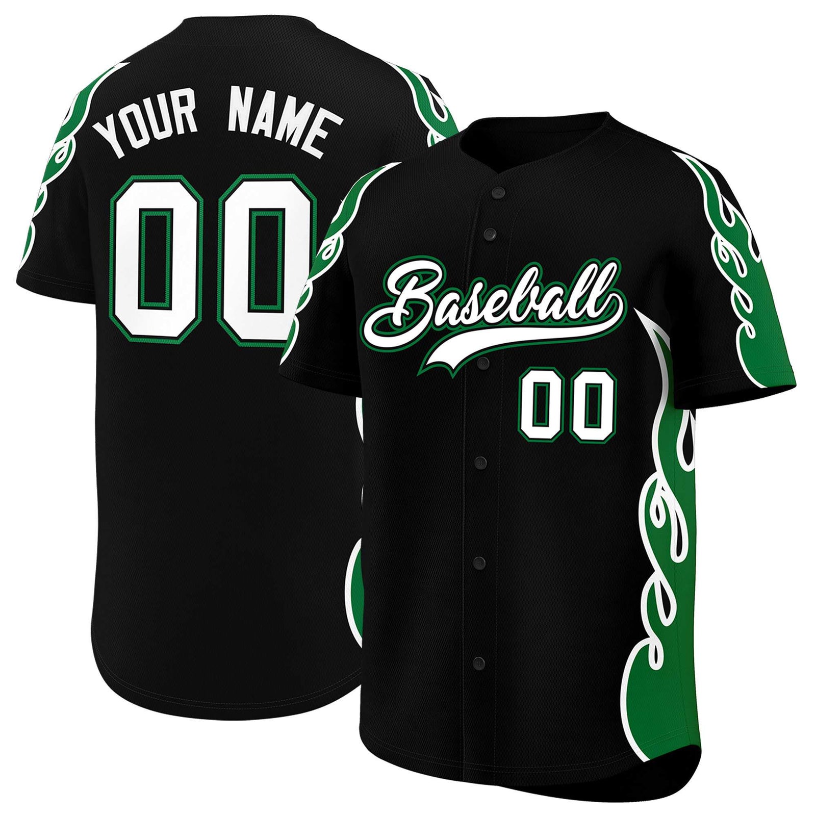 Custom Black Kelly Green Side Flame Outline Pattern Sports Uniform Basetball Jersey