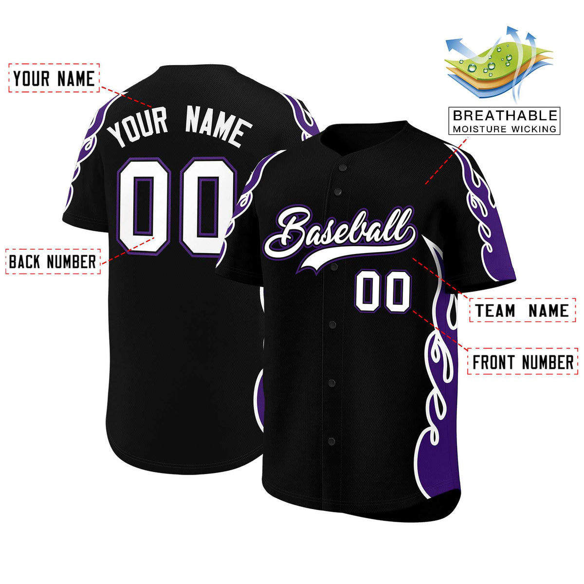 Custom Black Purple Side Flame Outline Pattern Sports Uniform Basetball Jersey