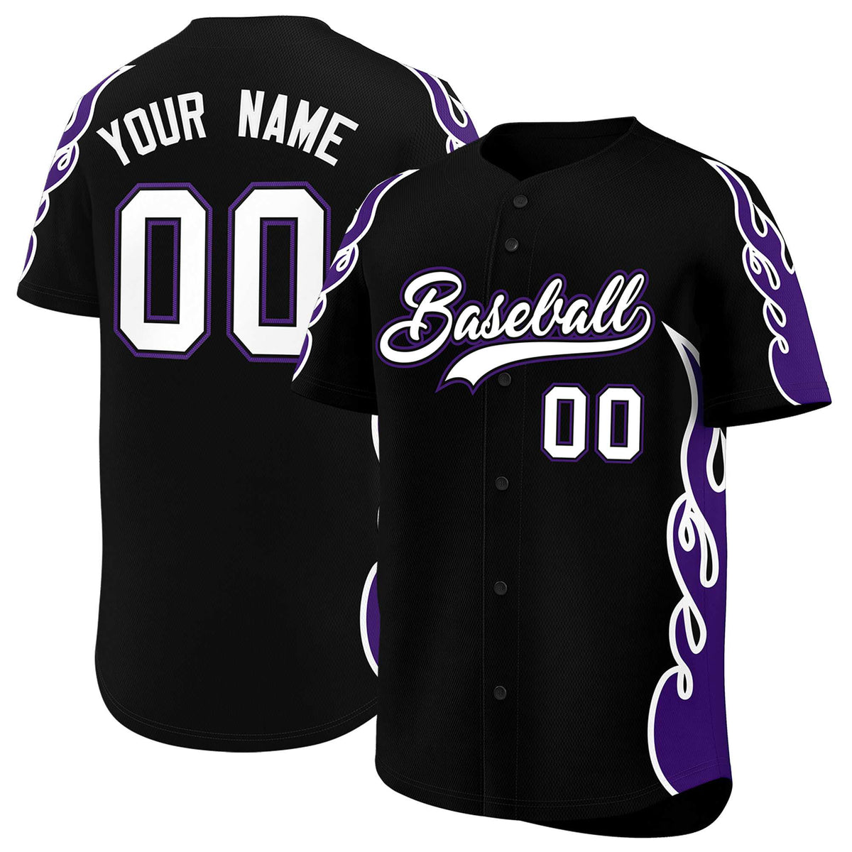 Custom Black Purple Side Flame Outline Pattern Sports Uniform Basetball Jersey