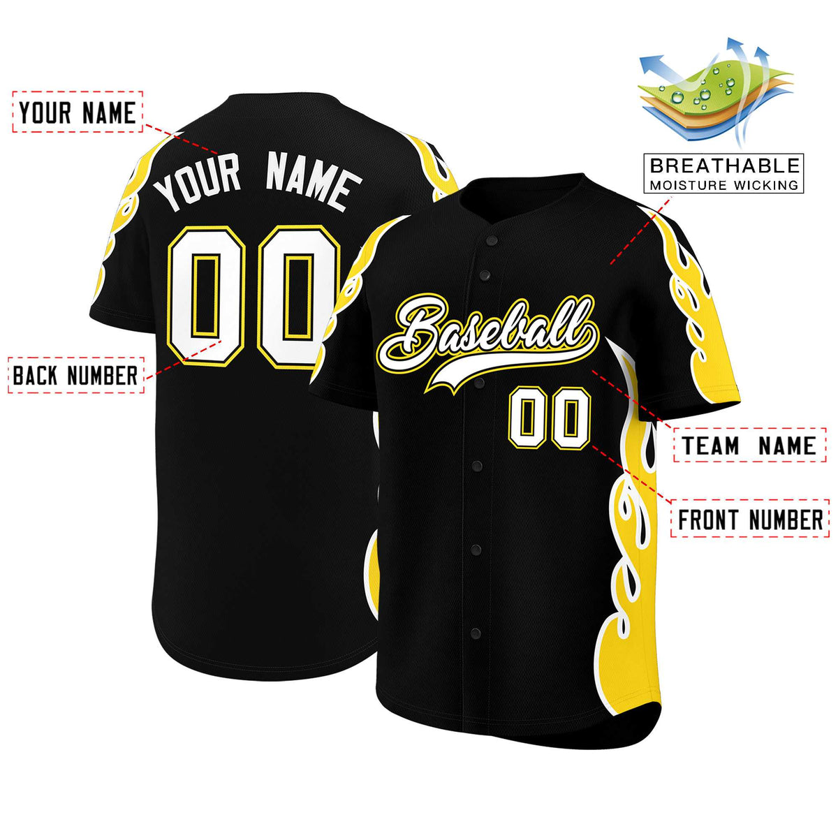 Custom Black Gold Side Flame Outline Pattern Sports Uniform Basetball Jersey