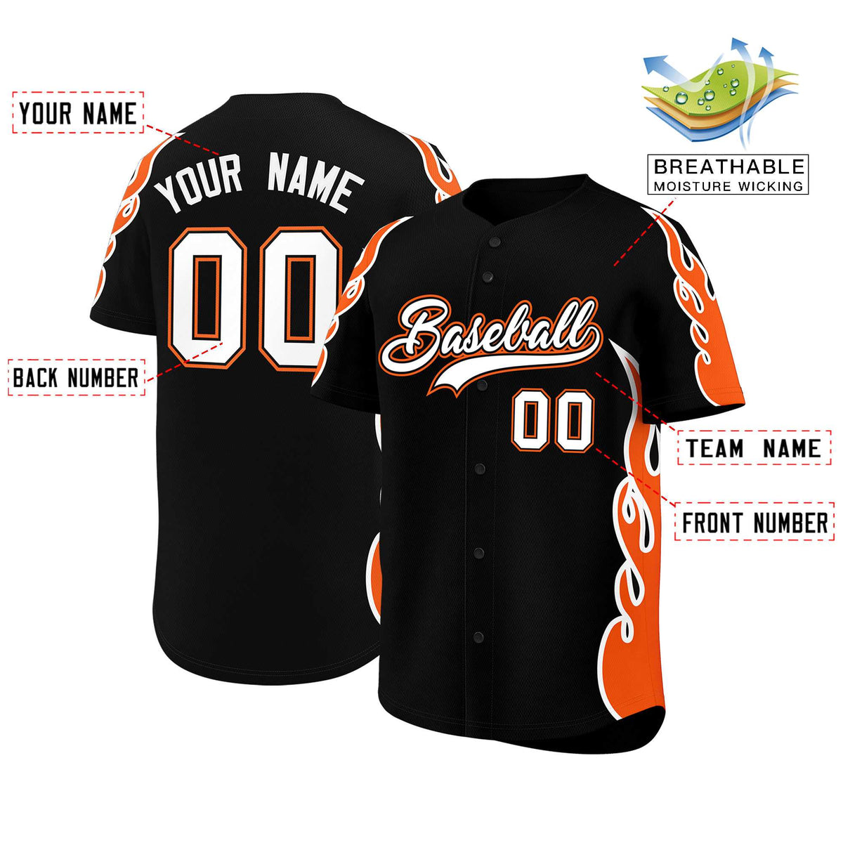 Custom Black Orange Side Flame Outline Pattern Sports Uniform Basetball Jersey