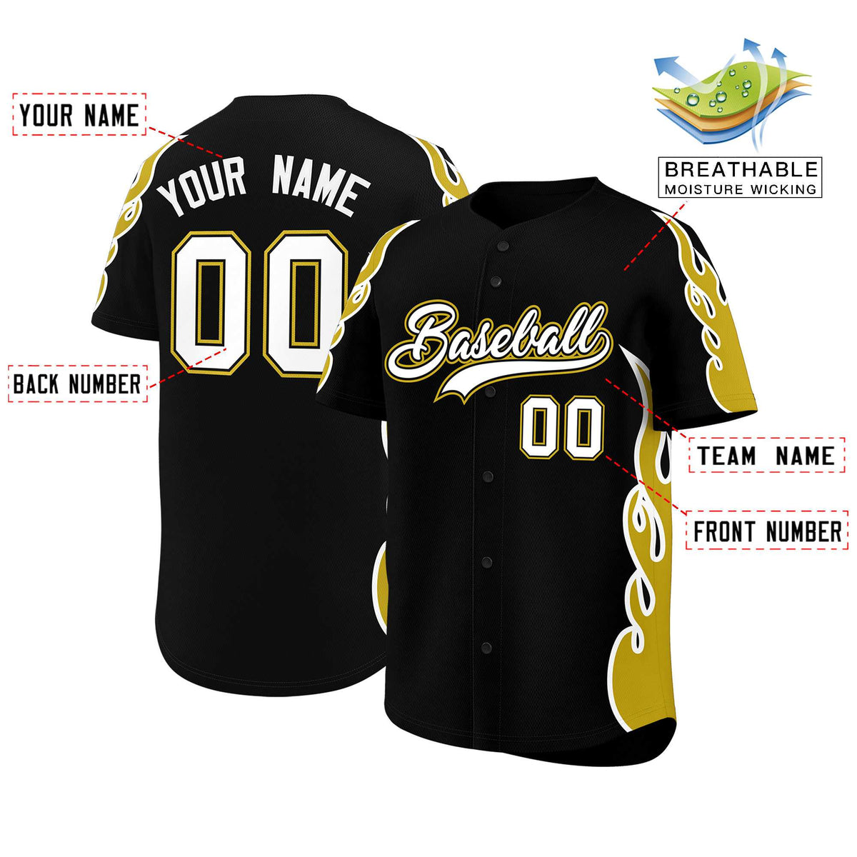 Custom Black Old Gold Side Flame Outline Pattern Sports Uniform Basetball Jersey