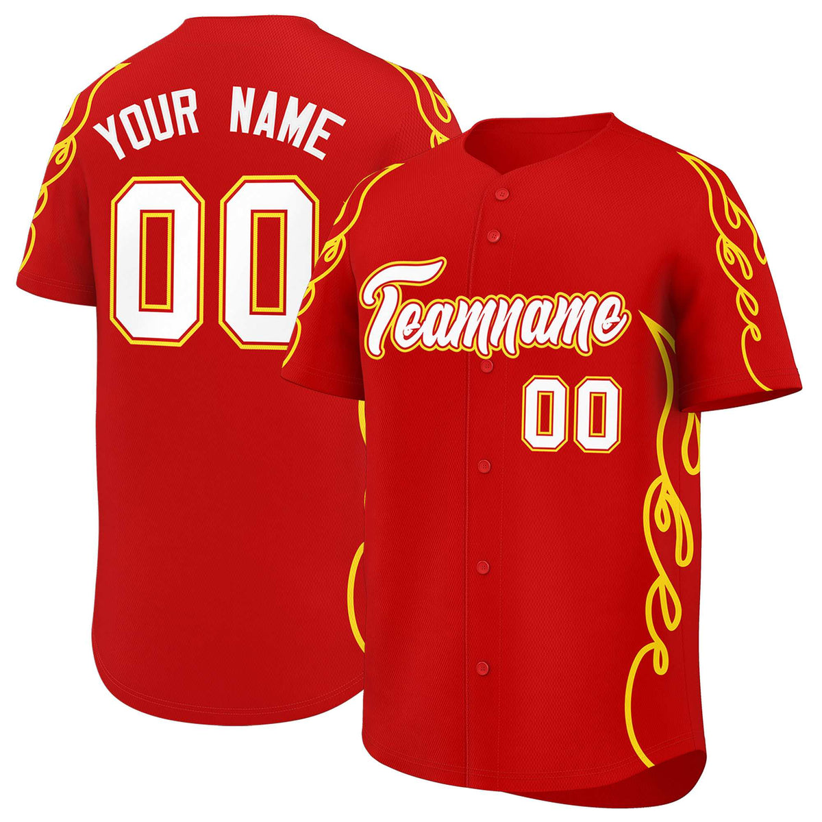Custom Red Gold Side Flame Outline Pattern Sports Uniform Basetball Jersey