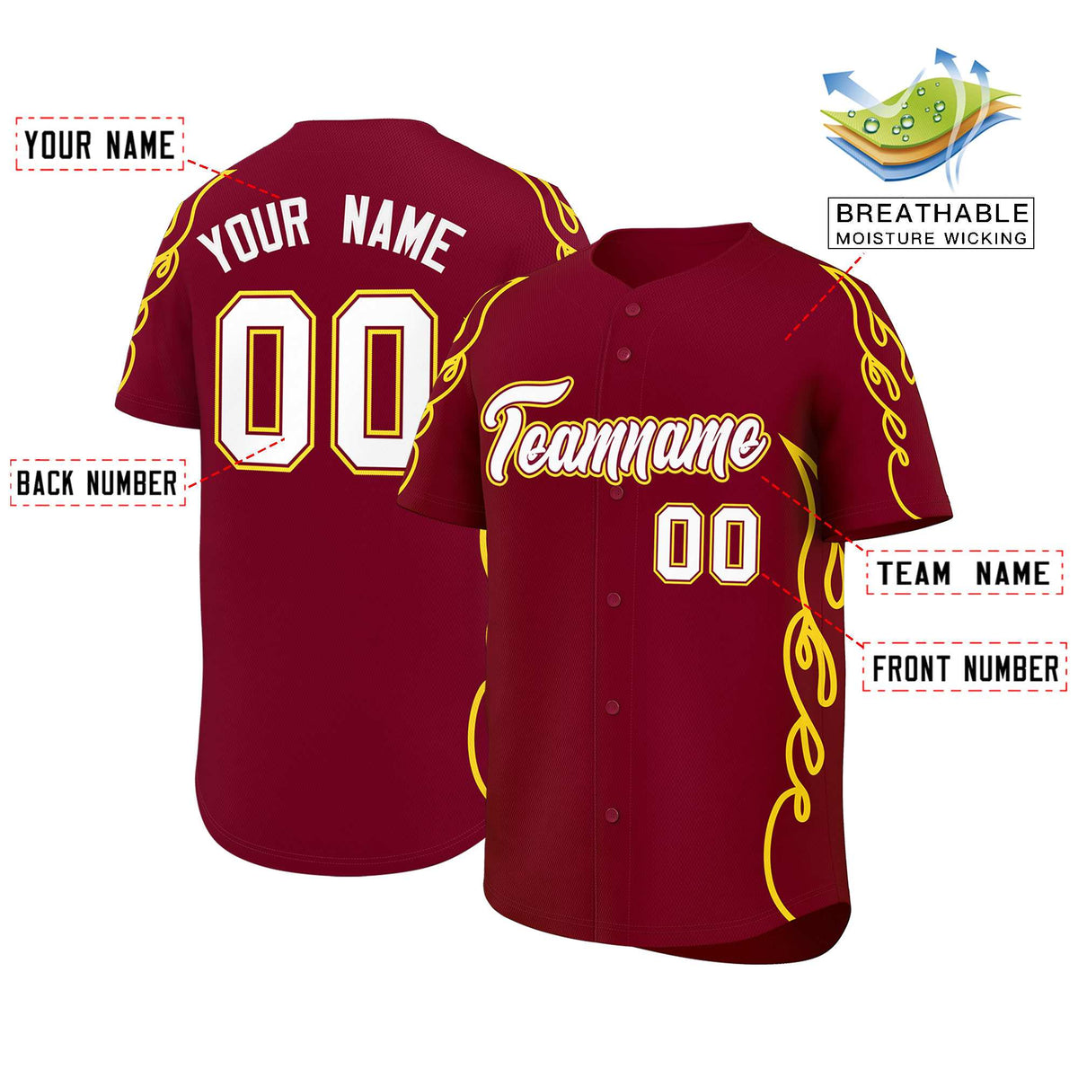 Custom Crimson Gold Side Flame Outline Pattern Sports Uniform Basetball Jersey