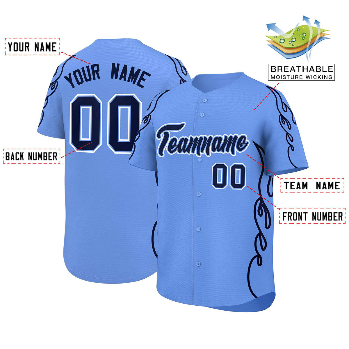 Custom Light Blue Navy Side Flame Outline Pattern Sports Uniform Basetball Jersey