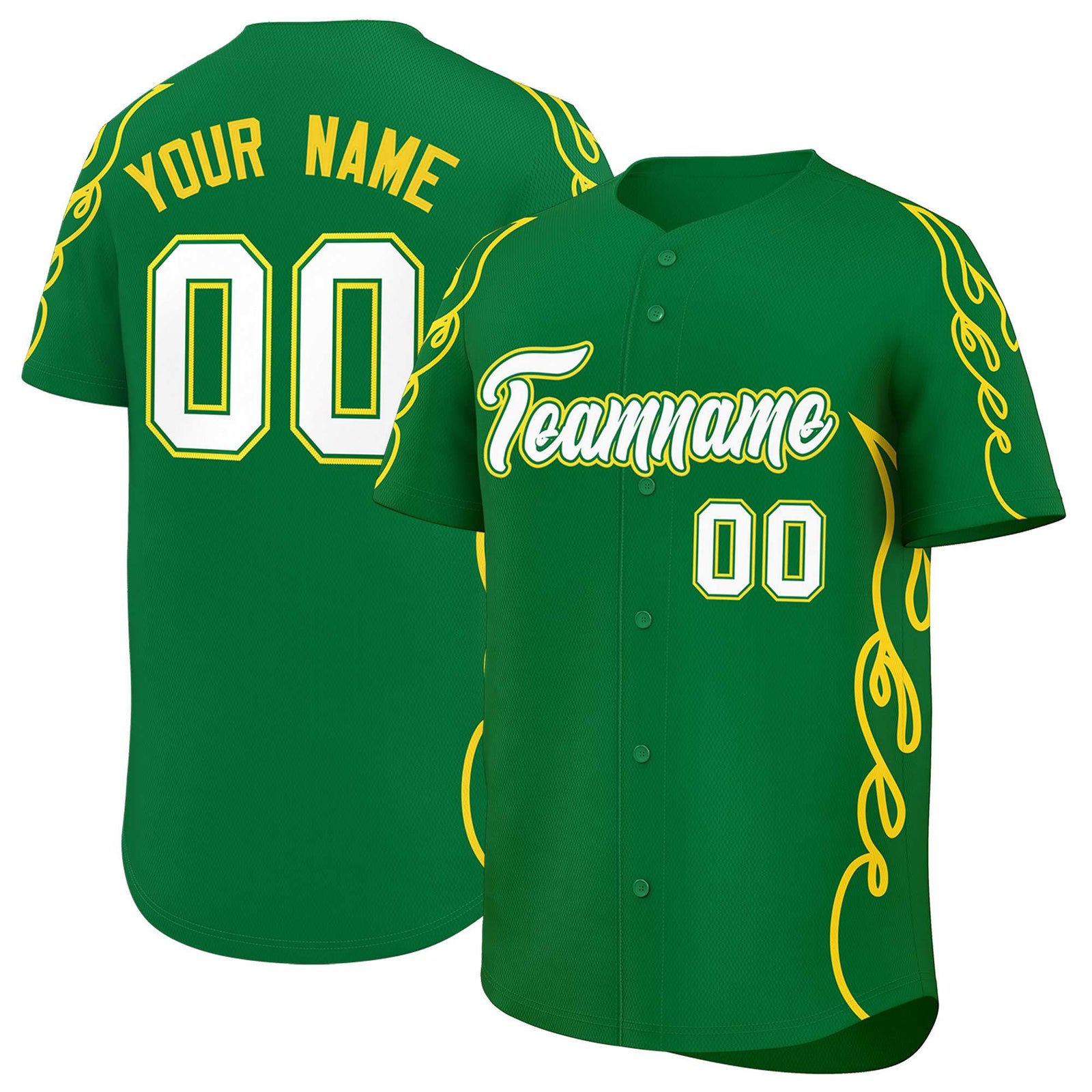 Custom Kelly Green Gold Side Flame Outline Pattern Sports Uniform Basetball Jersey