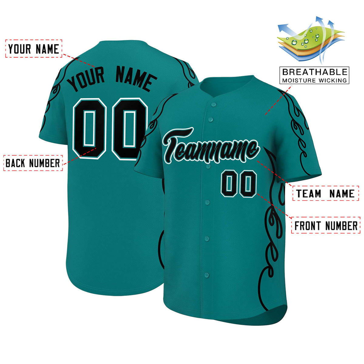 Custom Teal Black Side Flame Outline Pattern Sports Uniform Basetball Jersey