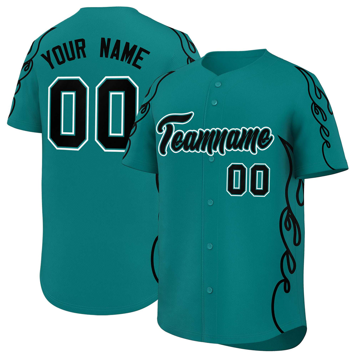 Custom Teal Black Side Flame Outline Pattern Sports Uniform Basetball Jersey